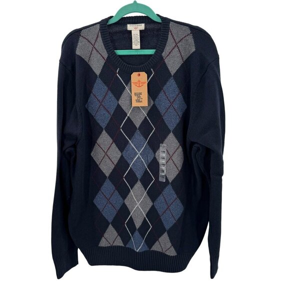 Dockers Argyle Diamond Pattern Crew Neck Sweater Mens XL 100% Cotton Navy Blue - Picture 1 of 7